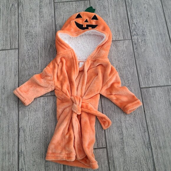Modern Baby Pumpkin Hooded Robe 0-9M Halloween Jack-O’-Lantern Orange Plush - Picture 1 of 5